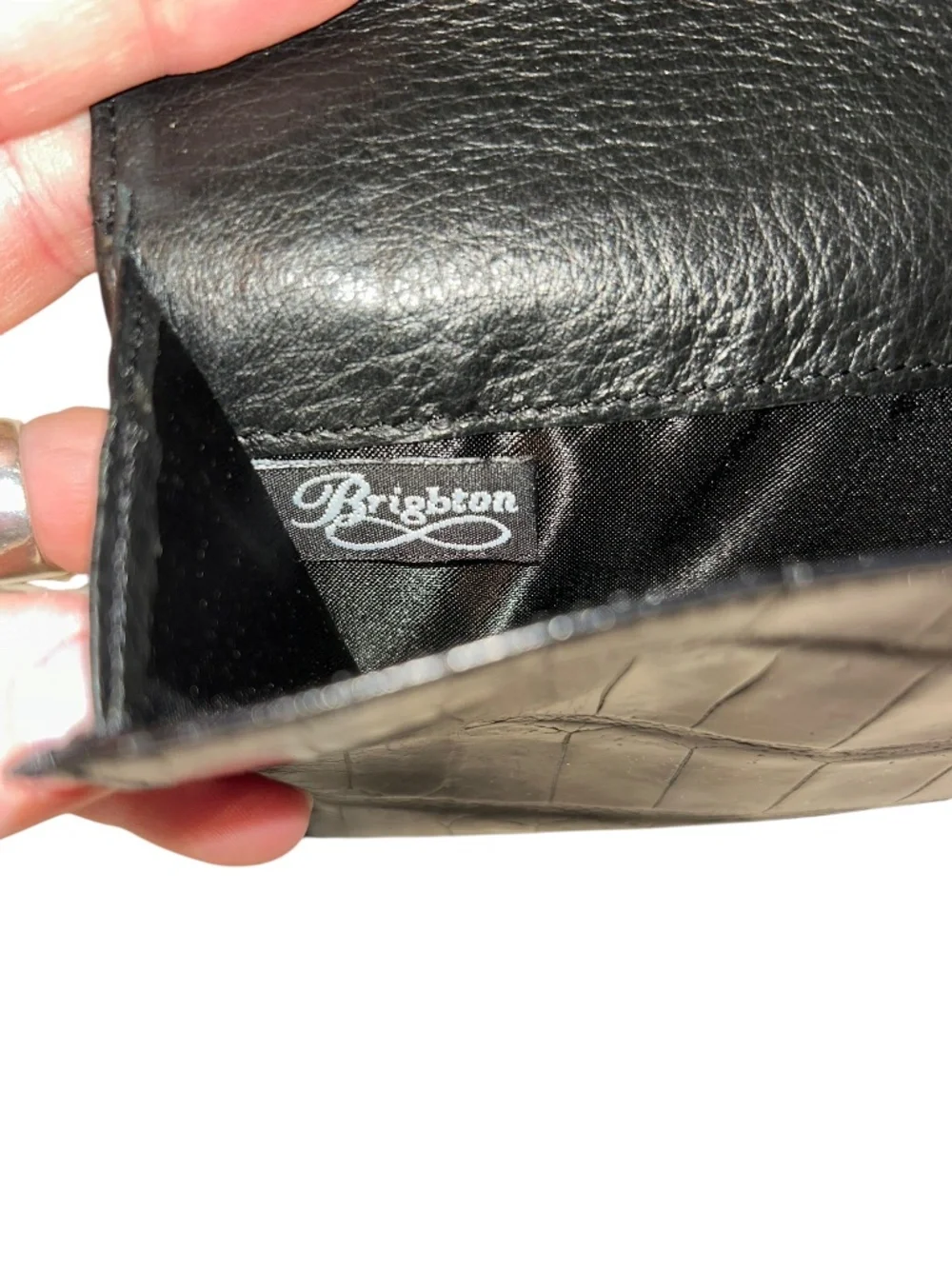 Brighton Black Croc-Embossed Wallet with Silver Corner Accents